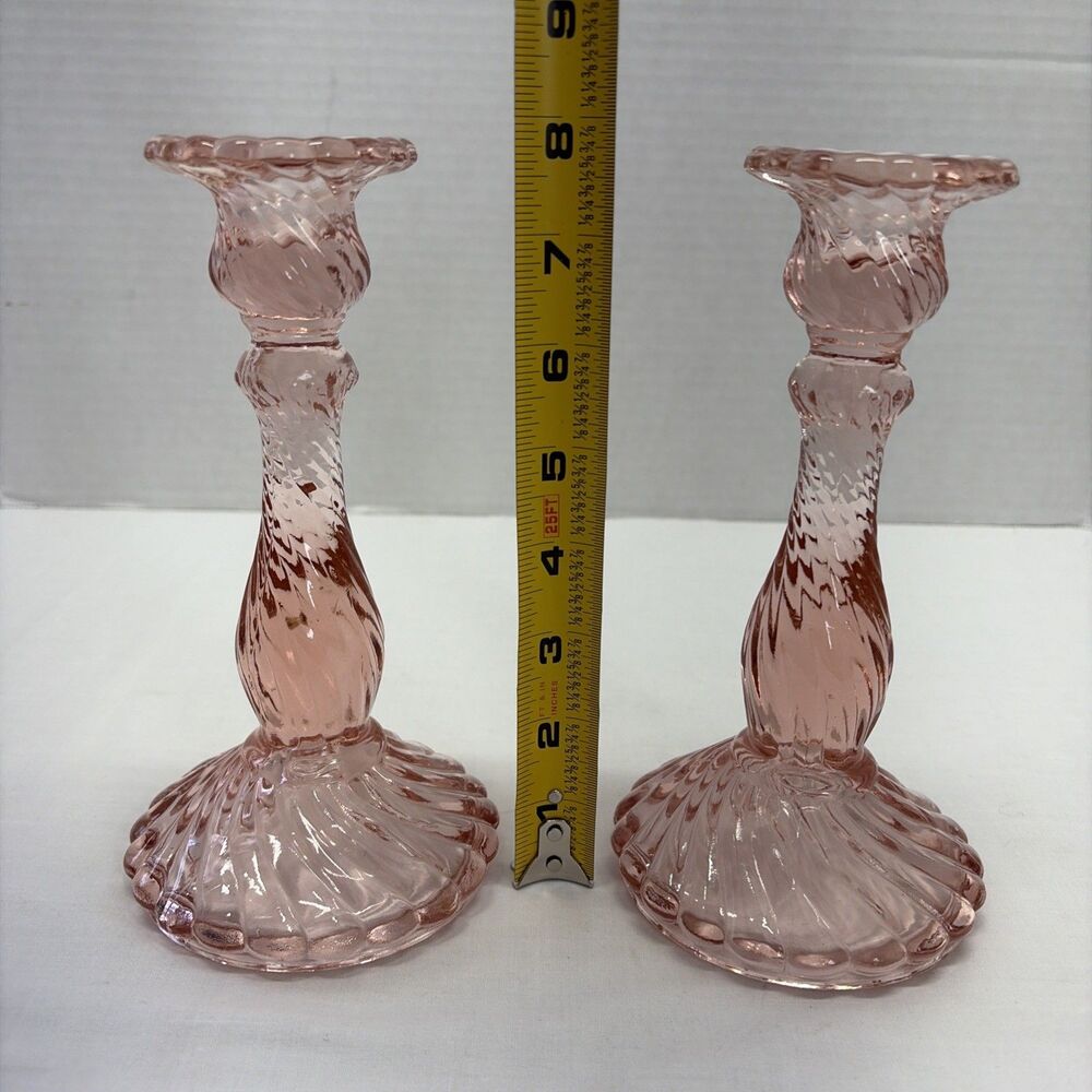 VINTAGE SET 2 - Fostoria PINK Colony Glass Swirl ~ CANDLESTICK HOLDERS - - Picture 5 of 5